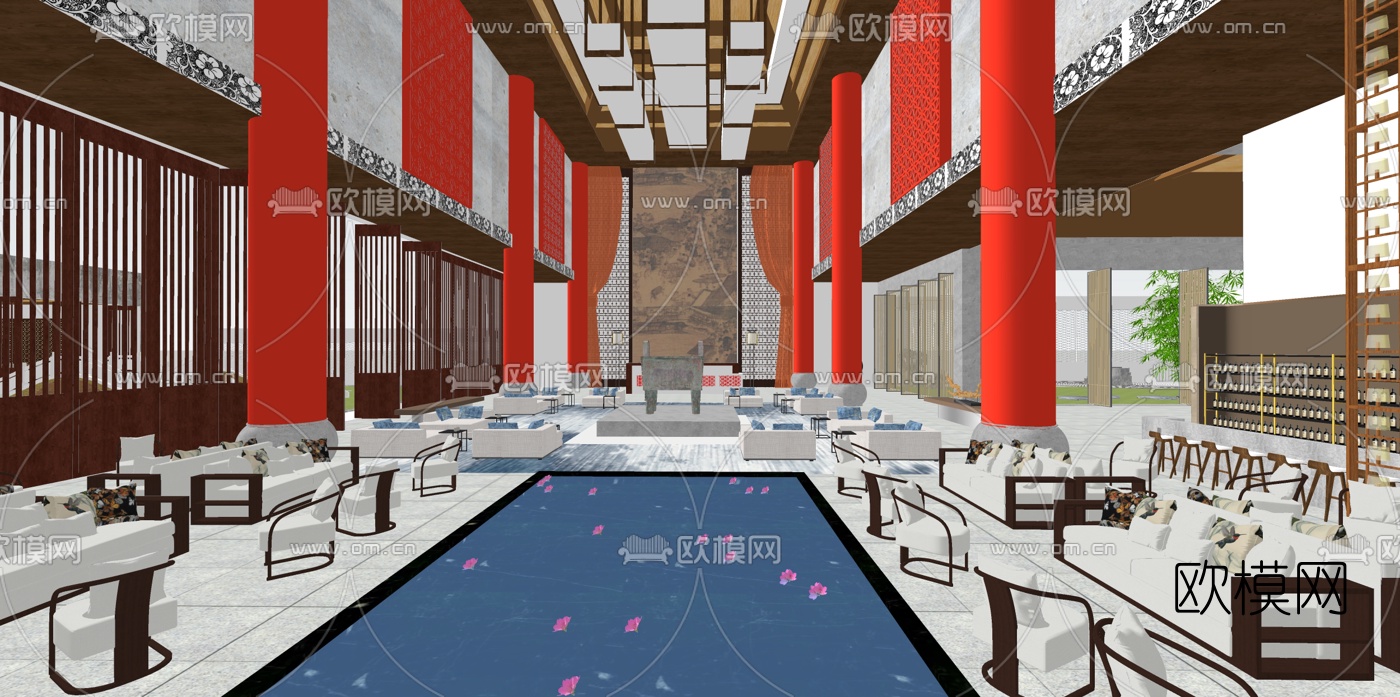 中式酒店洽谈区su模型下载（渲染图1）
