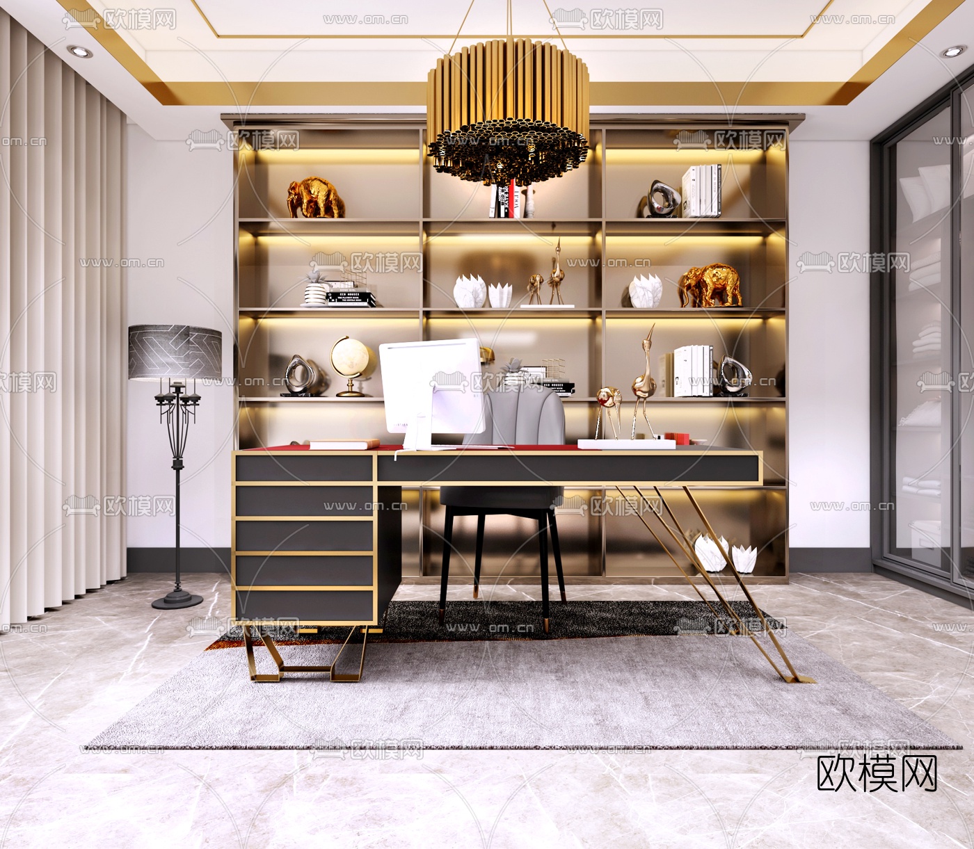 现代轻奢书房3d模型下载