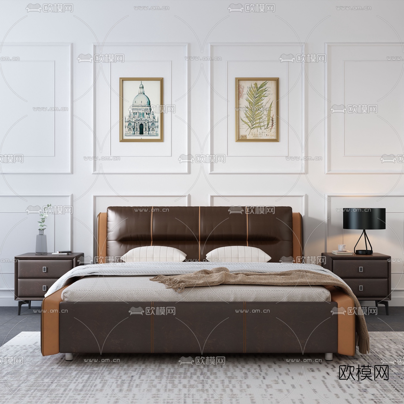 简欧皮质双人床3d模型下载（渲染图1）