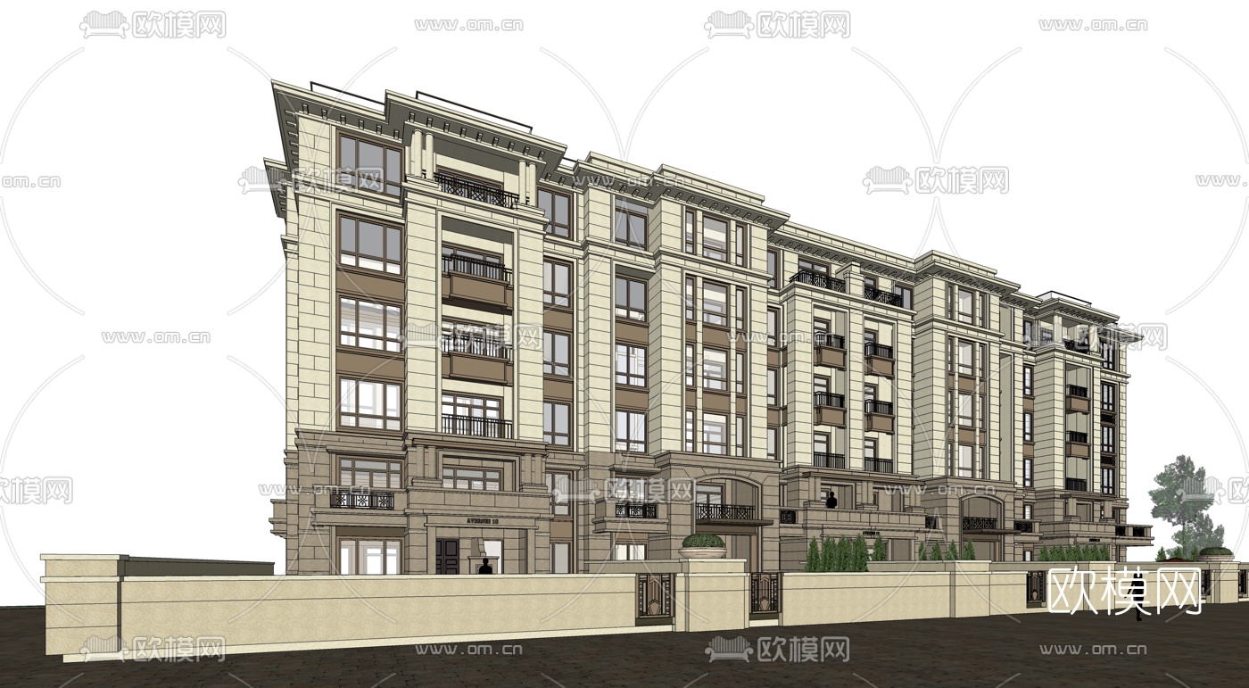 简欧洋房外观su模型下载（渲染图1）