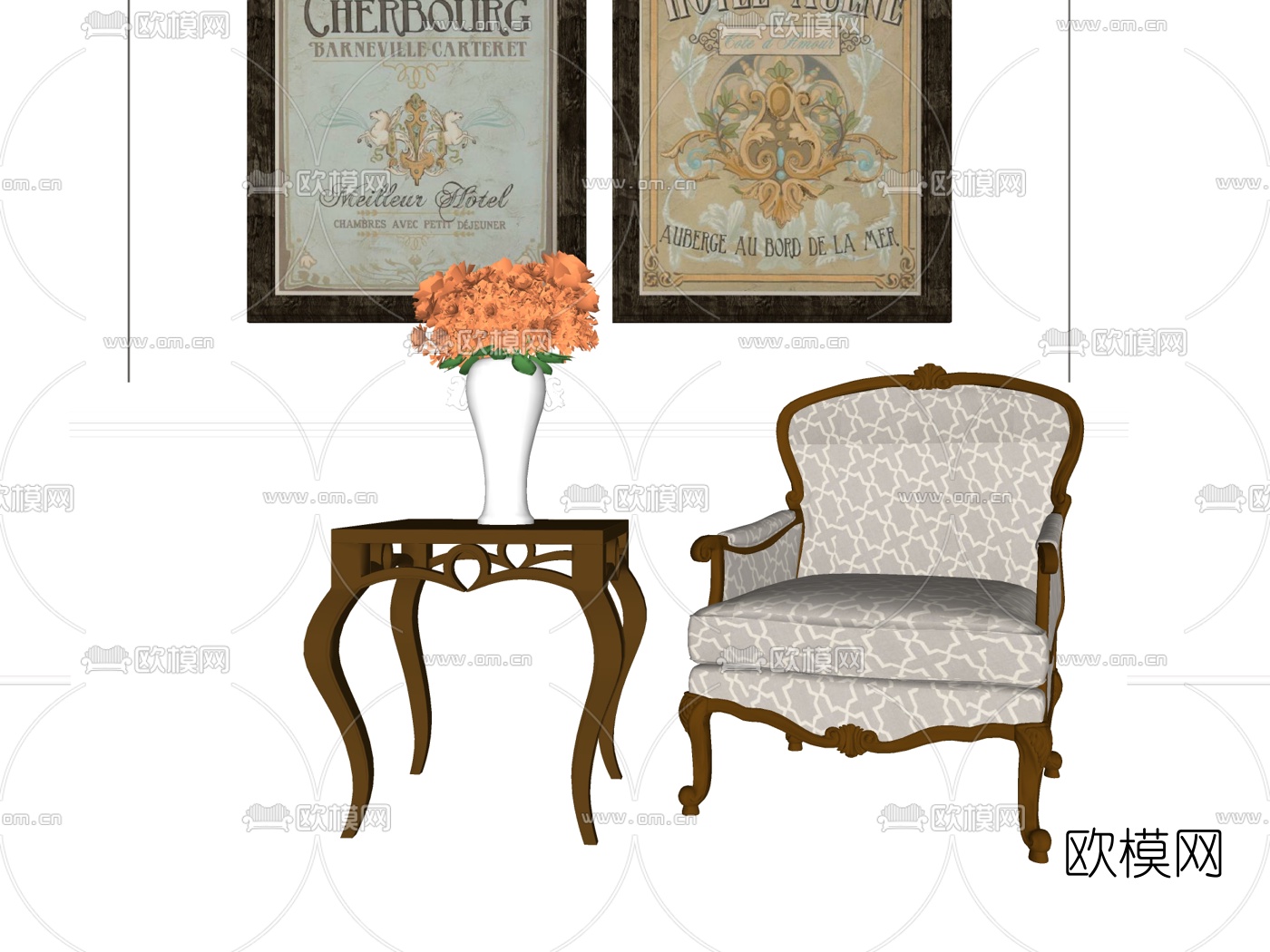 欧式布艺单椅su模型下载