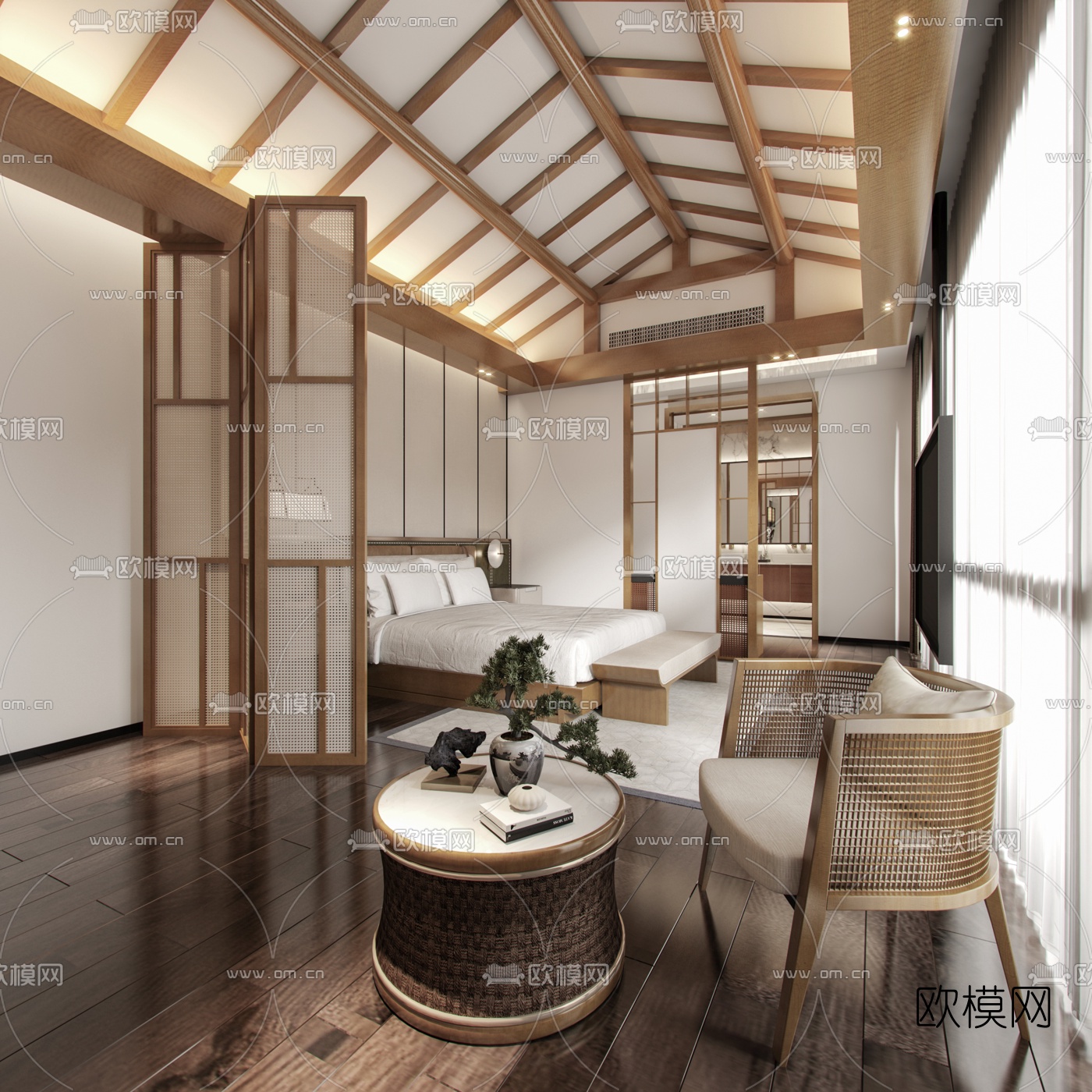新中式民宿客房3d模型-免费3dmax模型库-欧模网