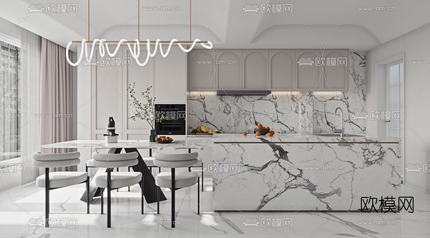 简欧复式轻奢客厅餐厅3d模型下载（渲染图2）