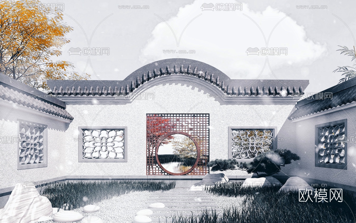 中式古建庭院围墙3d模型下载