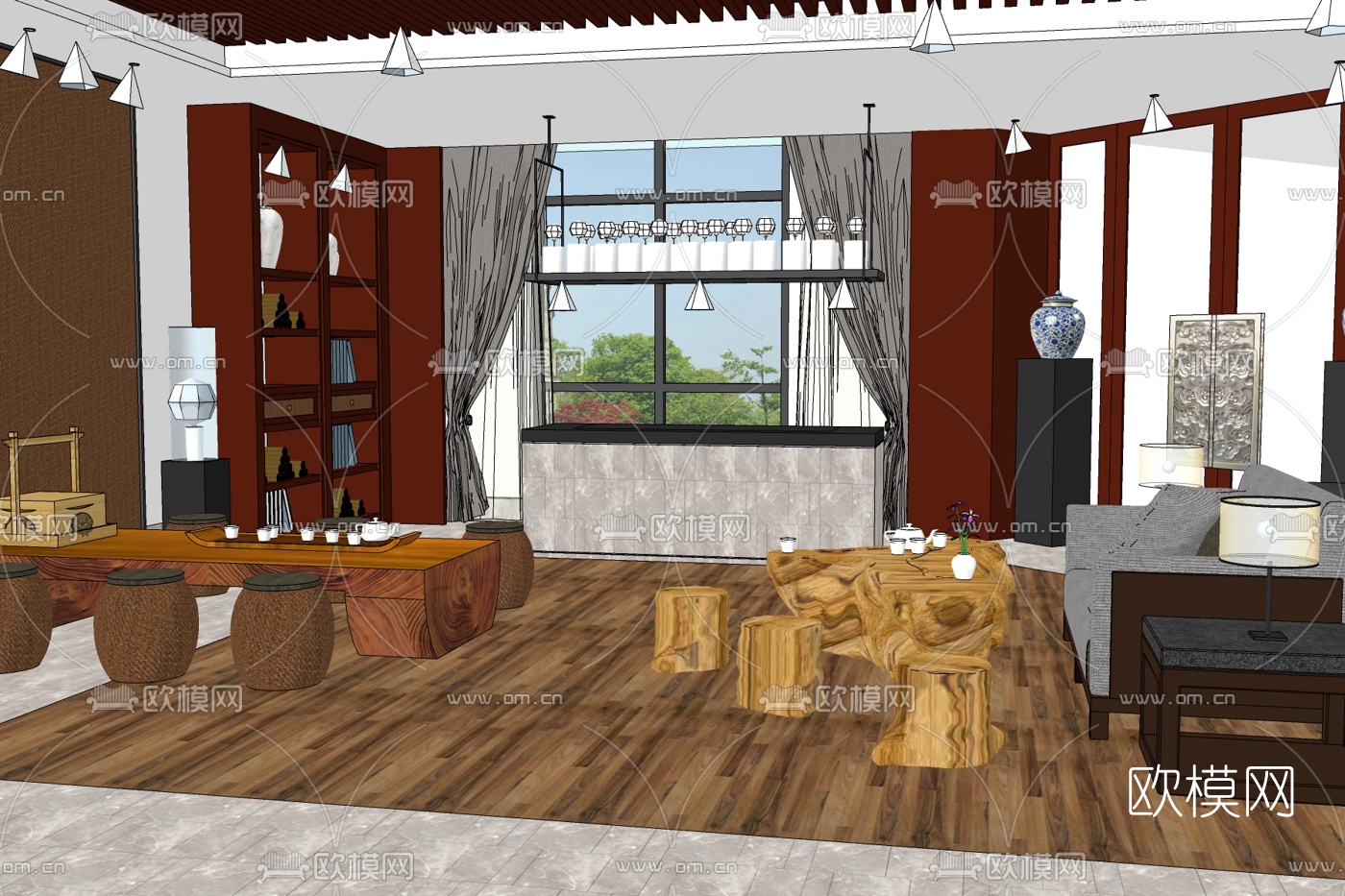 新中式茶室免费su模型下载