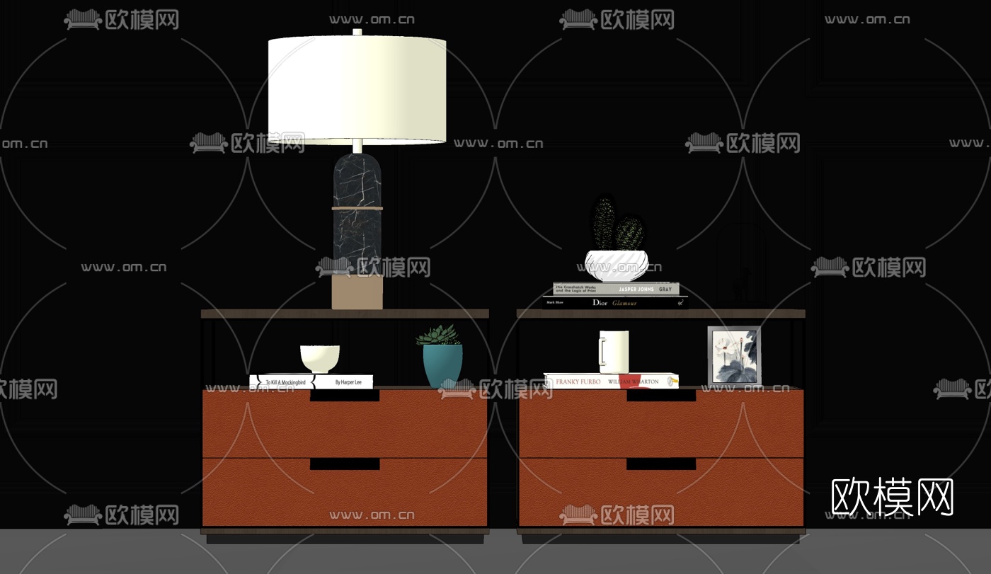 新中式轻奢床头柜su模型下载（渲染图2）