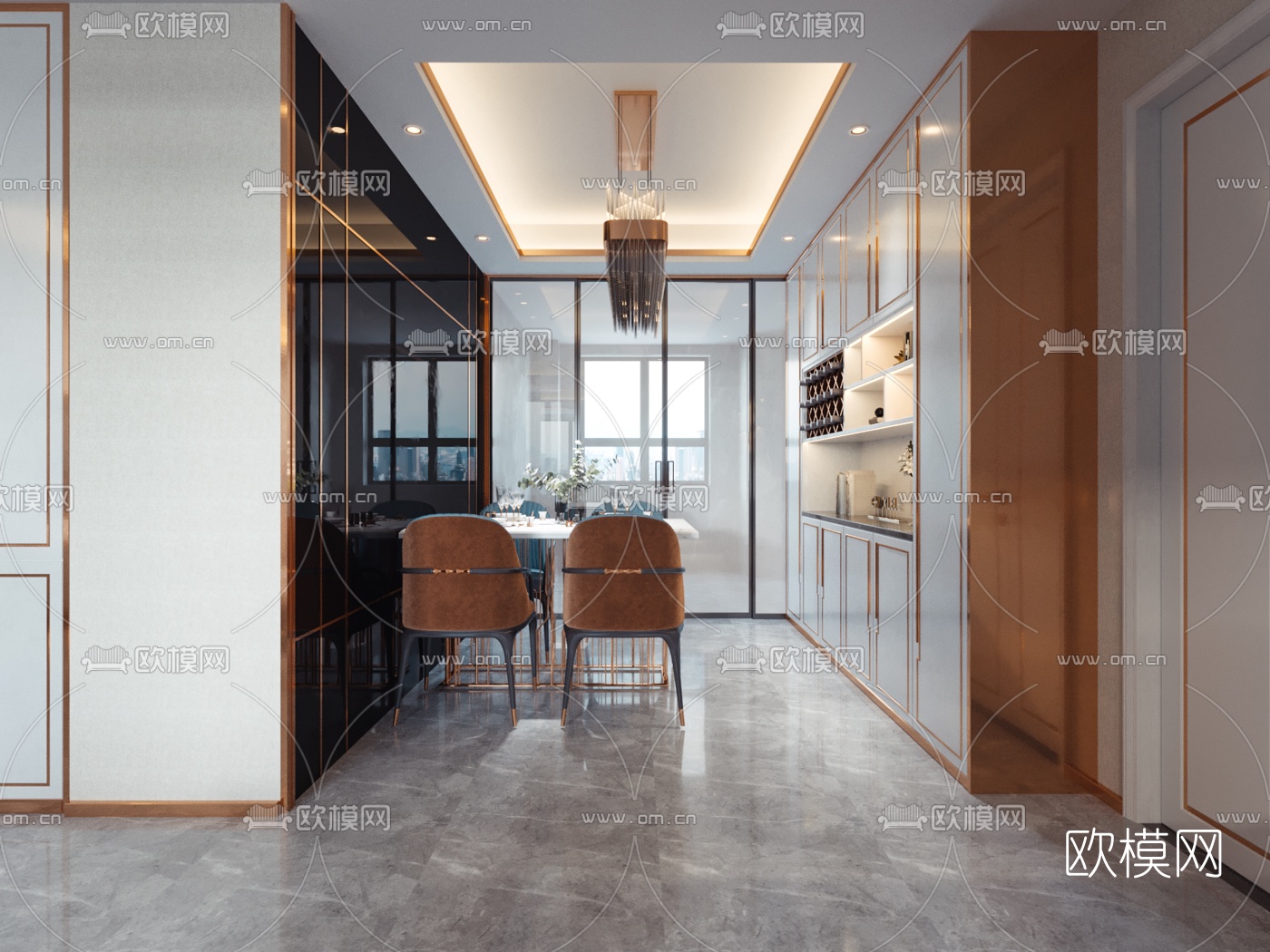 后现代轻奢客厅餐厅3d模型