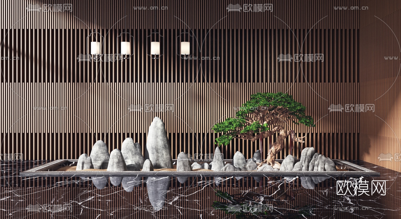 新中式松树山石景观小品3d模型下载（渲染图1）