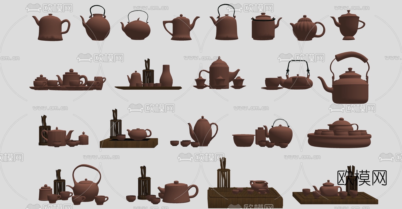 中式紫砂茶壶茶具茶杯su模型下载