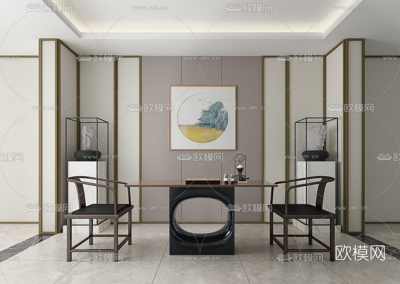 方黄设计 新中式围棋桌椅3d模型下载（渲染图1）