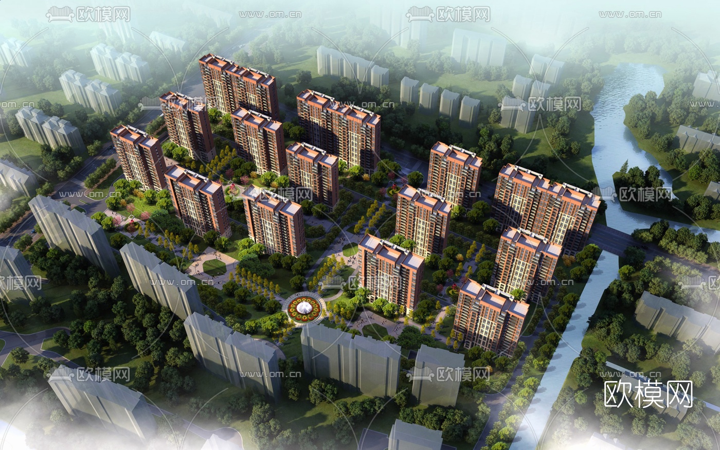 现代小区住宅楼鸟瞰3d模型下载