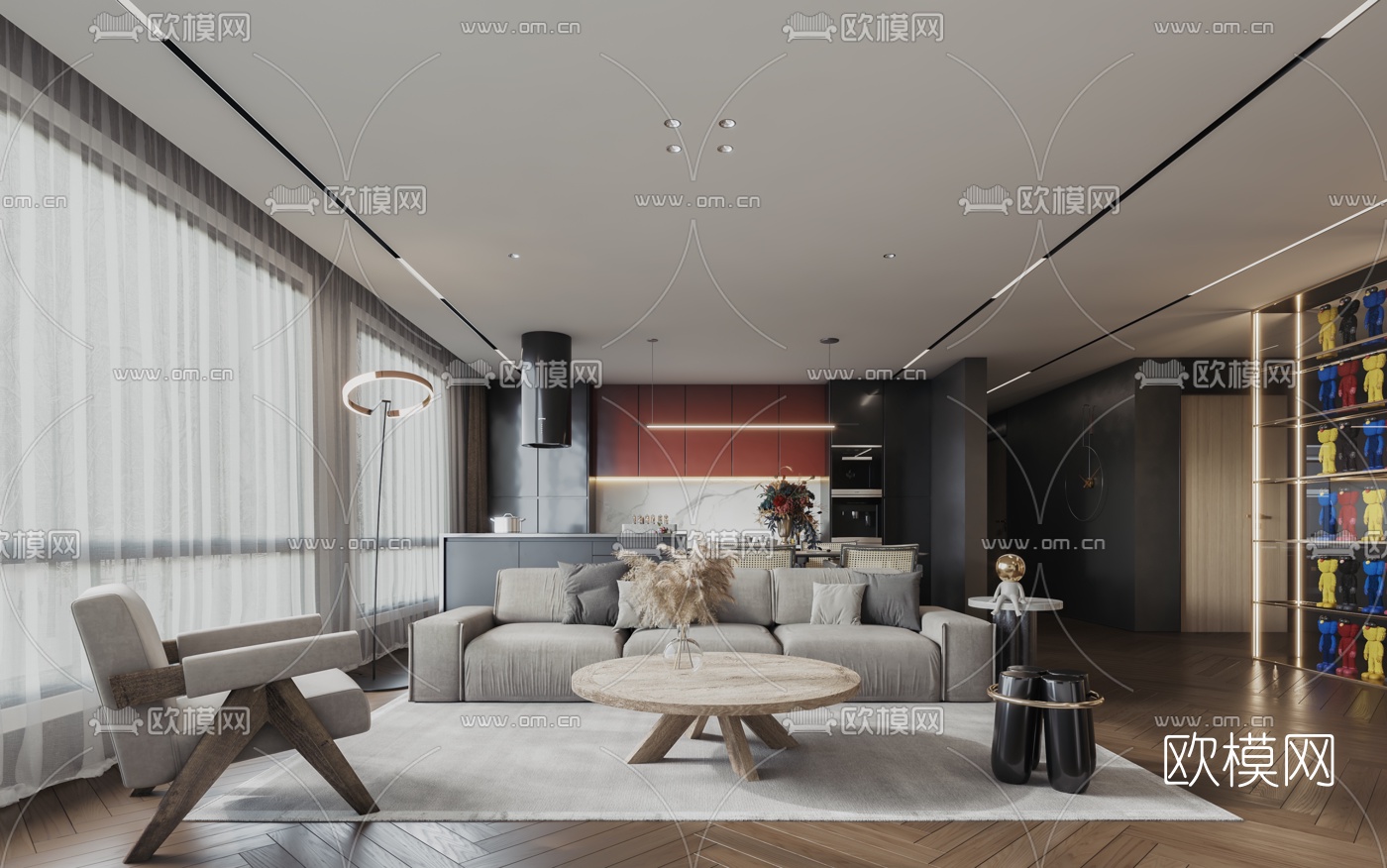 现代轻奢客厅餐厅3d模型