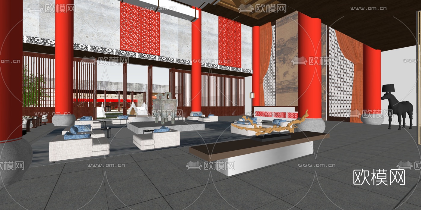 中式酒店洽谈区su模型下载（渲染图2）