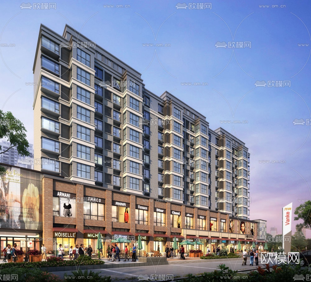 现代傍晚商业街su模型下载（渲染图2）