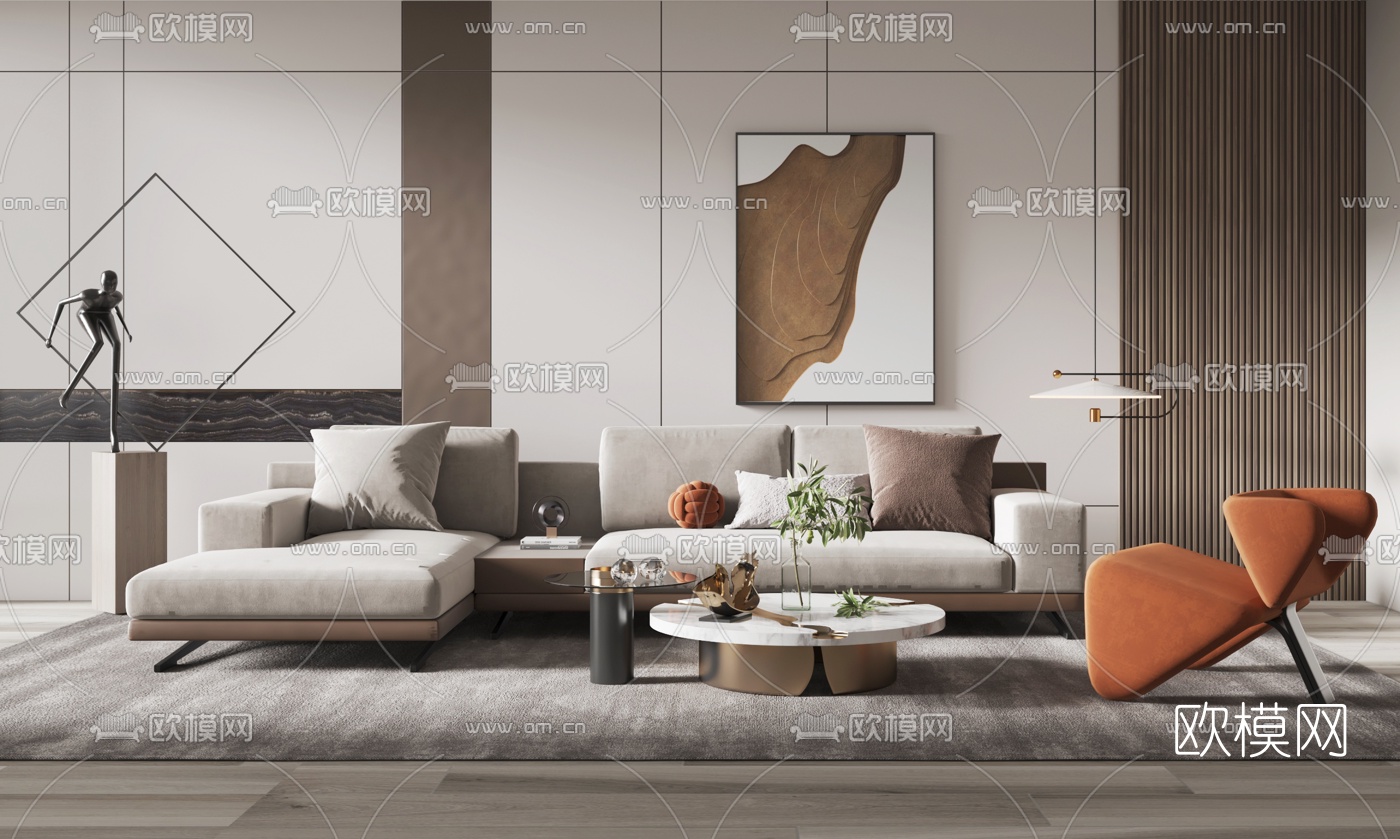 现代布艺转角沙发组合3d模型下载