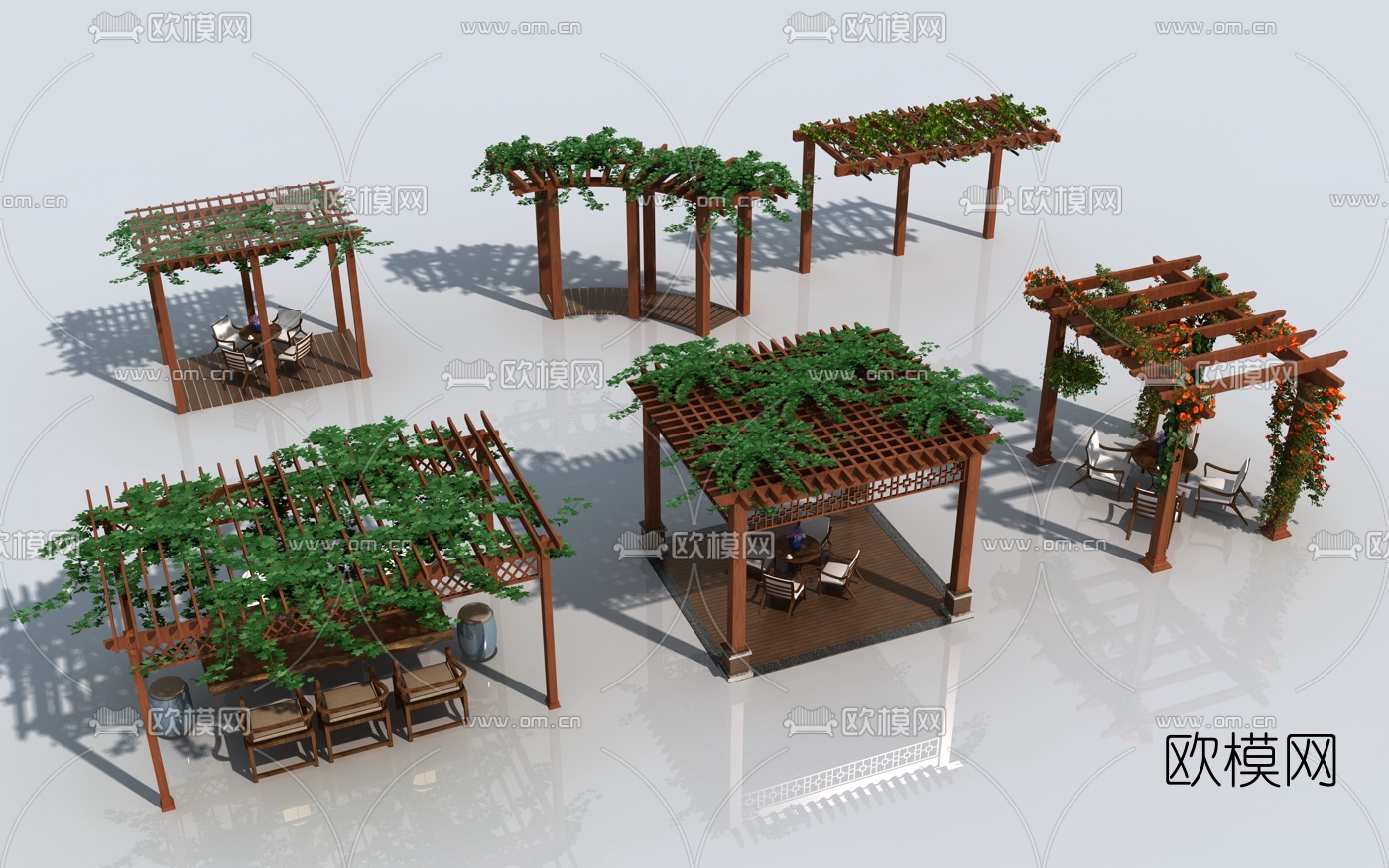 自然风花架廊架户外桌椅3d模型