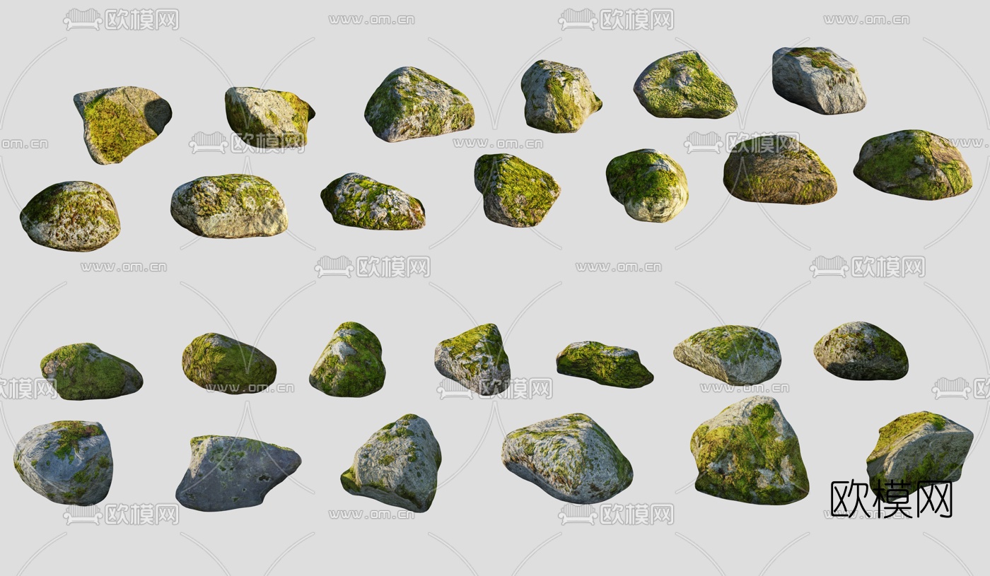 现代苔藓石头3d模型下载（渲染图2）