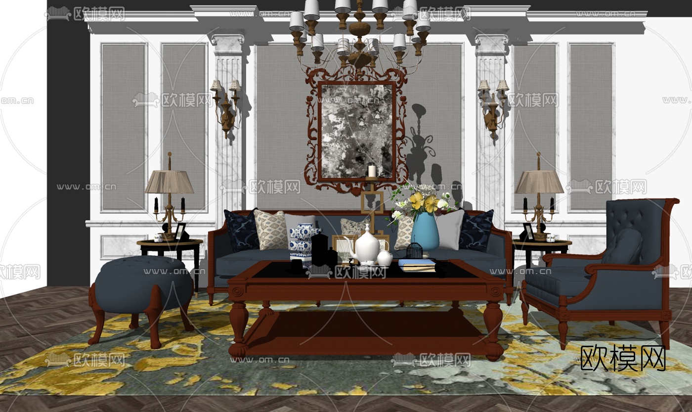 欧式实木组合沙发su模型下载