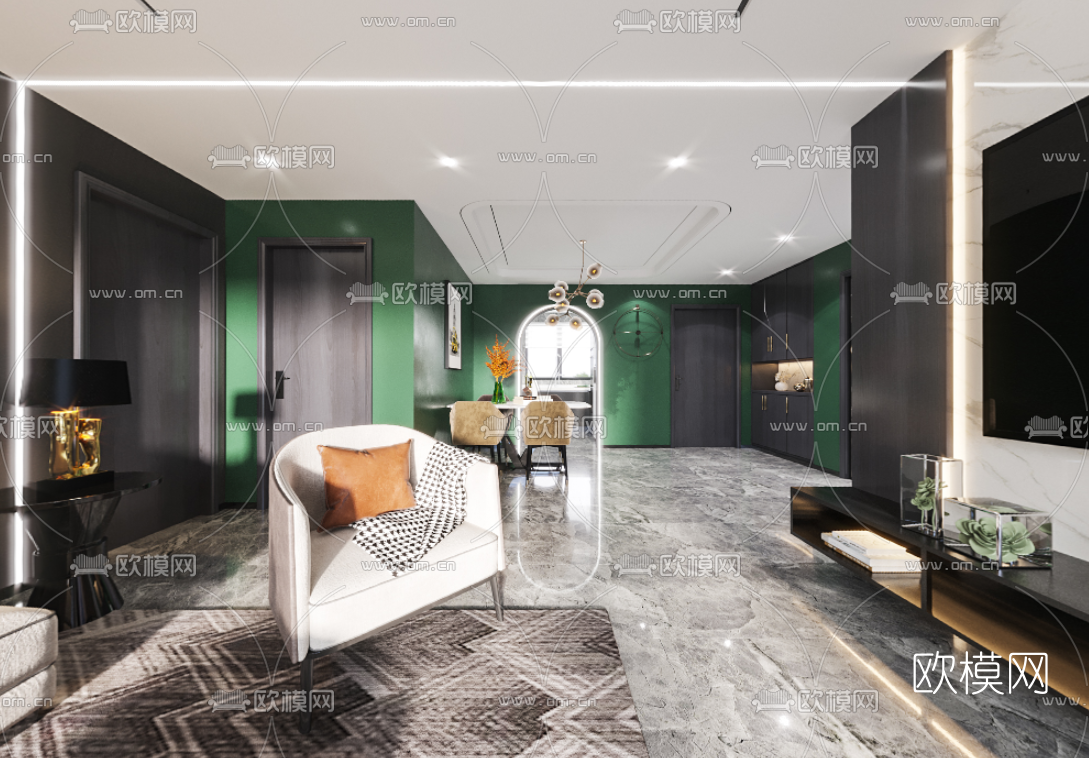现代客厅餐厅cr全景3d模型