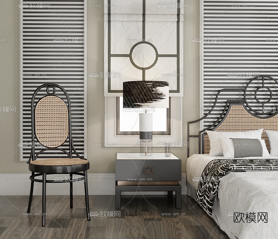 法式布艺双人床su模型下载（渲染图1）