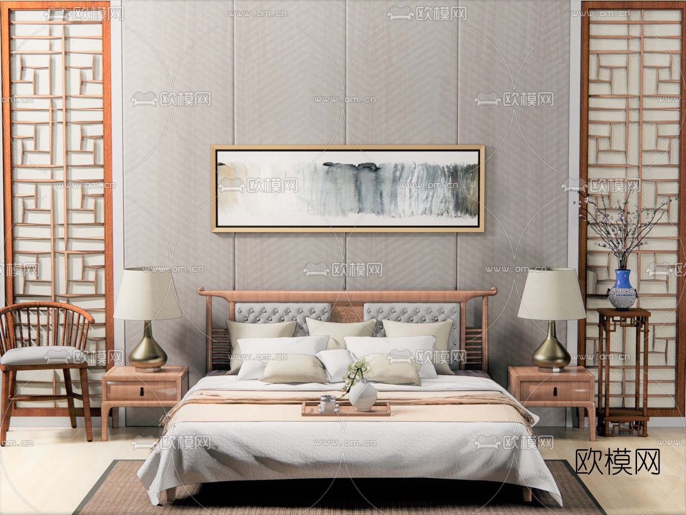 新中式实木双人床su模型下载（渲染图1）