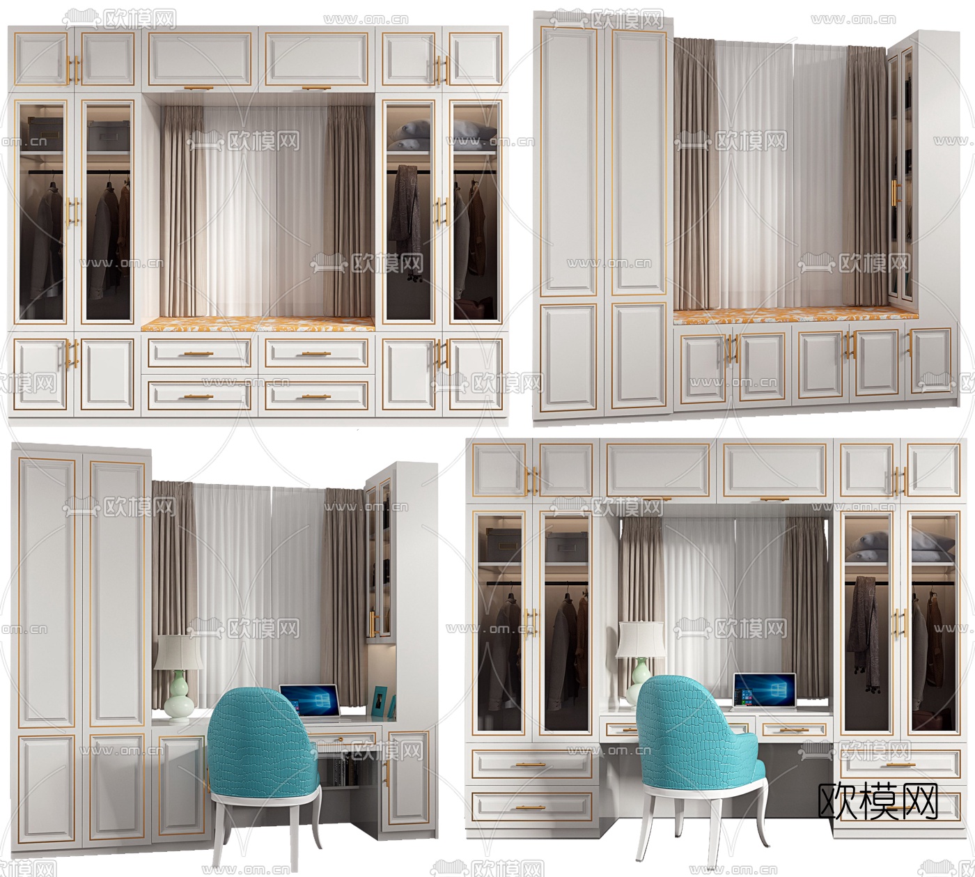 简欧一体式书桌椅飘窗衣柜3d模型下载（渲染图1）
