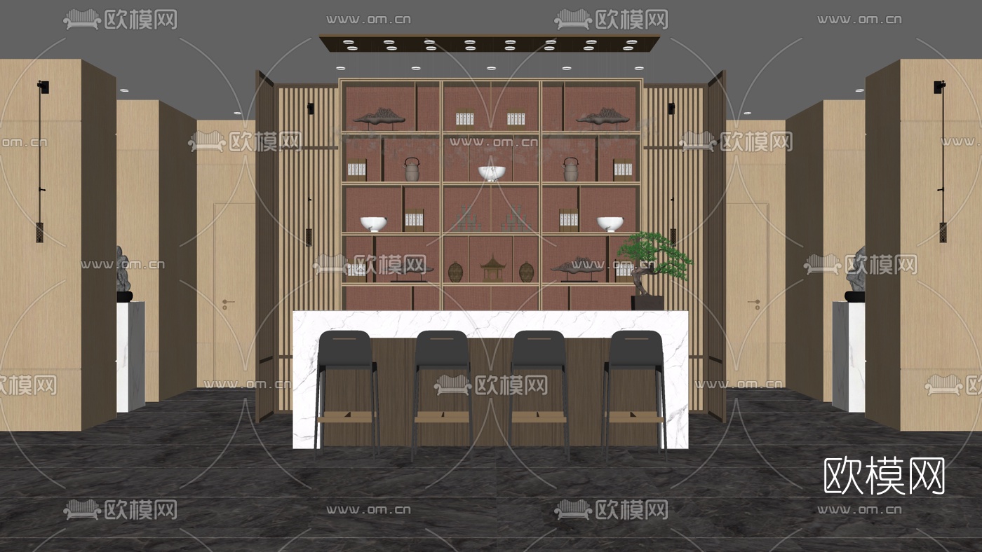新中式水吧台su模型下载（渲染图2）