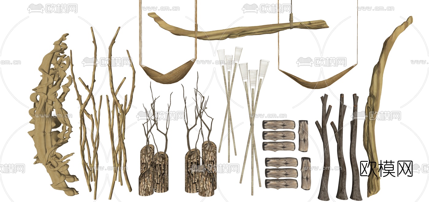 现代干枝原木老木头su模型下载