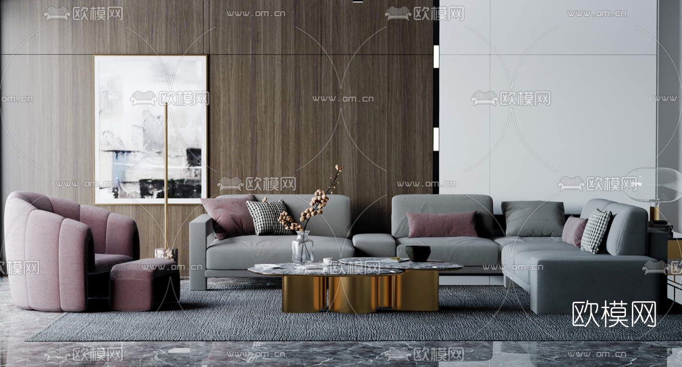 现代皮革沙发组合su模型下载（渲染图1）