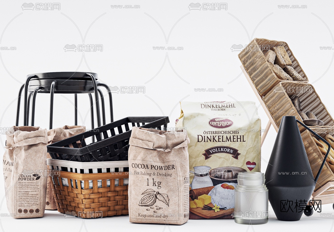 现代面粉面包竹篮3d模型下载（渲染图1）