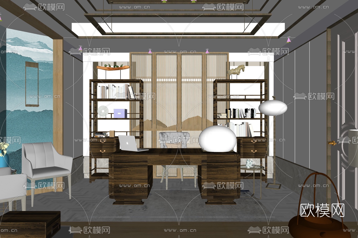 新中式书房su模型