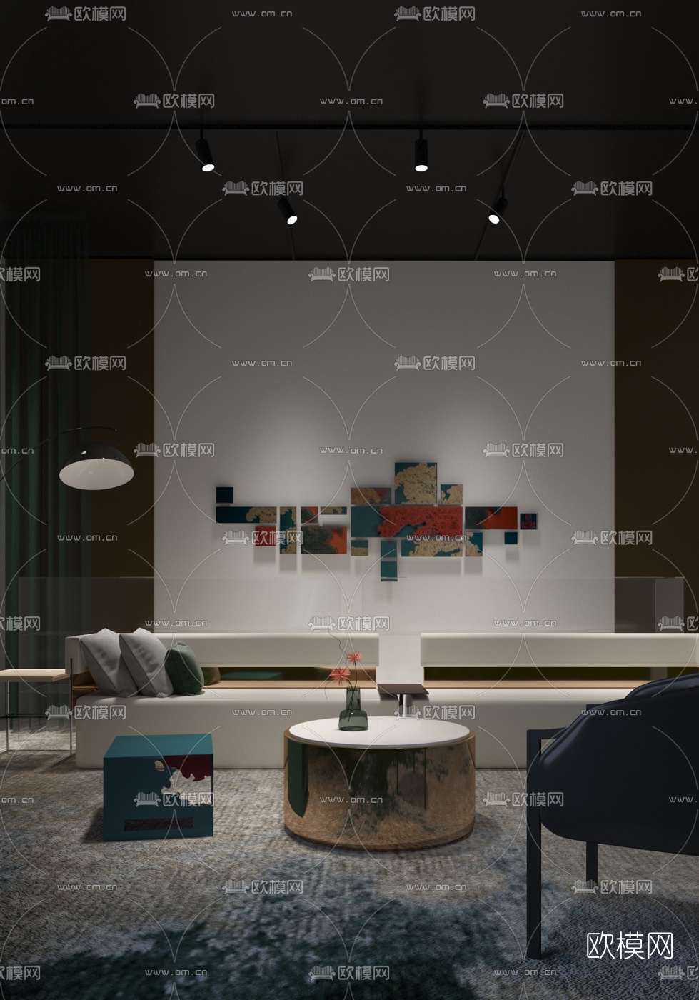 梁建国设计 新中式皮革沙发组合3d模型下载