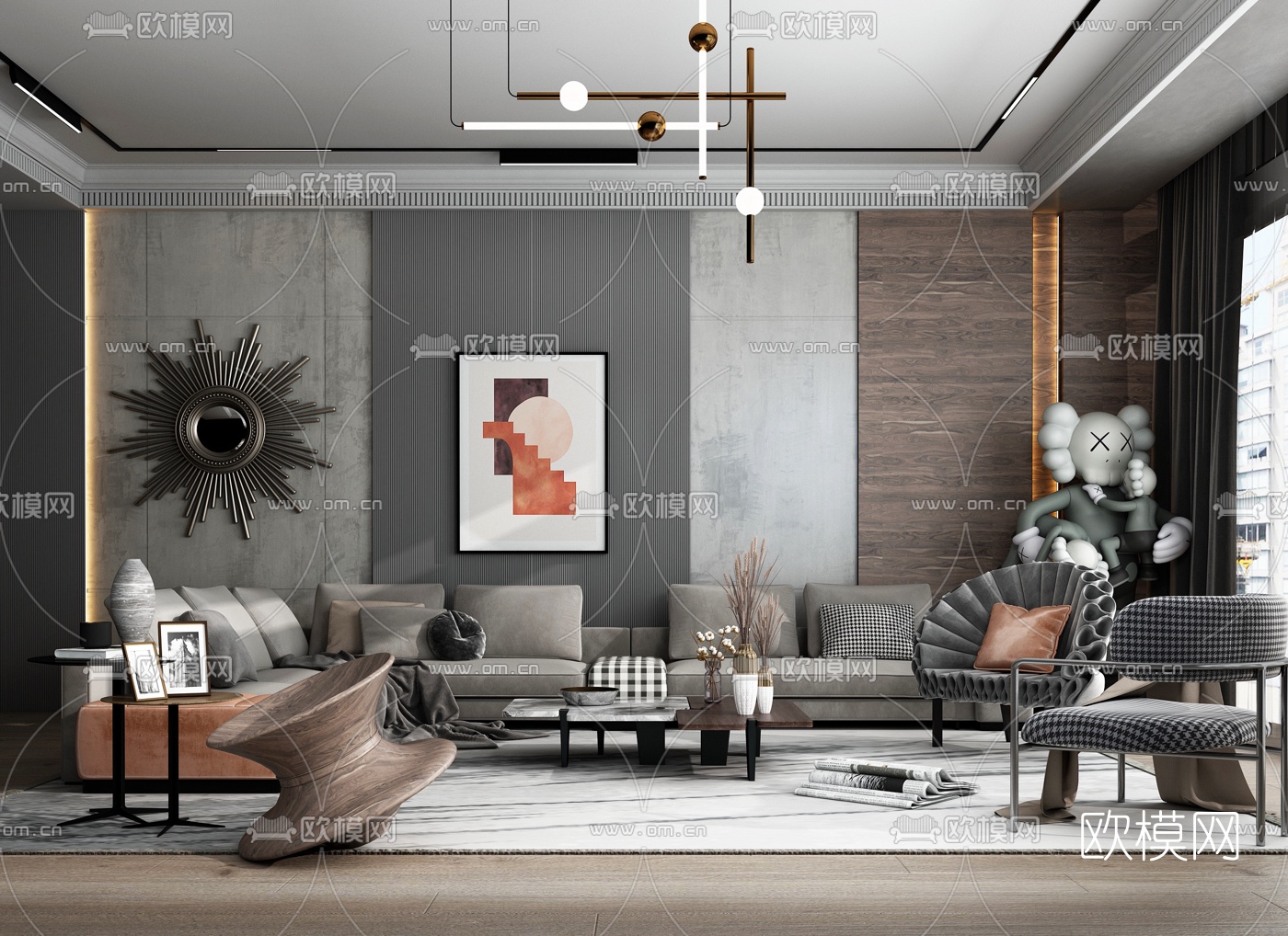 现代布艺转角沙发组合3d模型下载