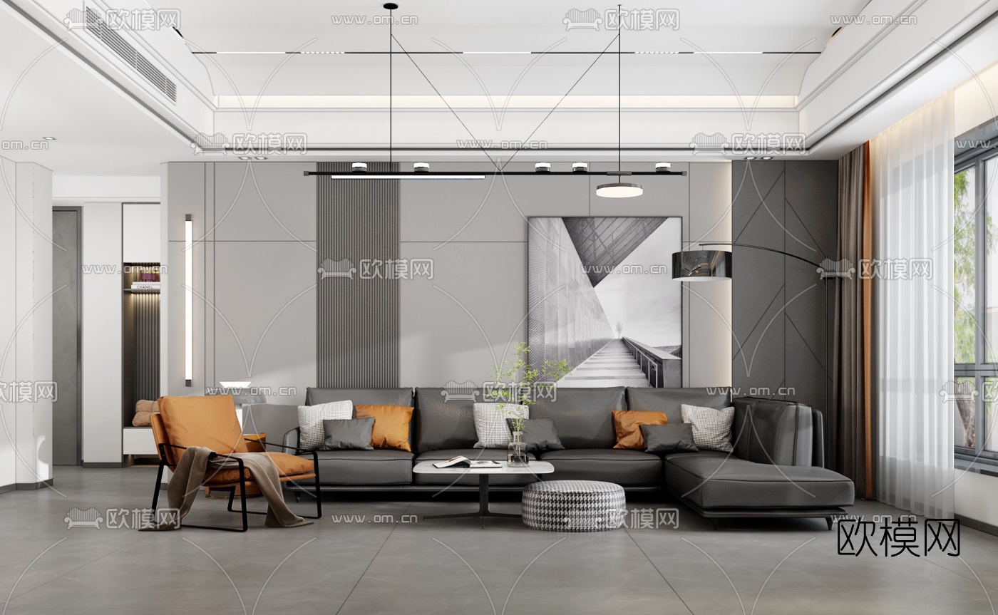现代高级灰客厅餐厅3d模型下载（渲染图1）