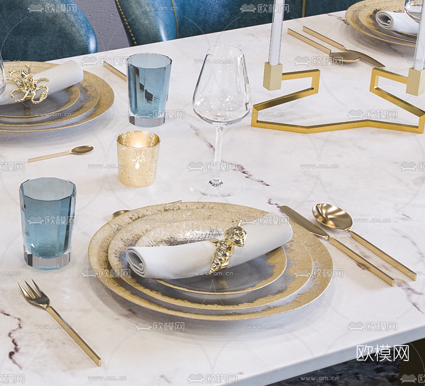 美式大理石条形餐桌椅3d模型下载（渲染图2）