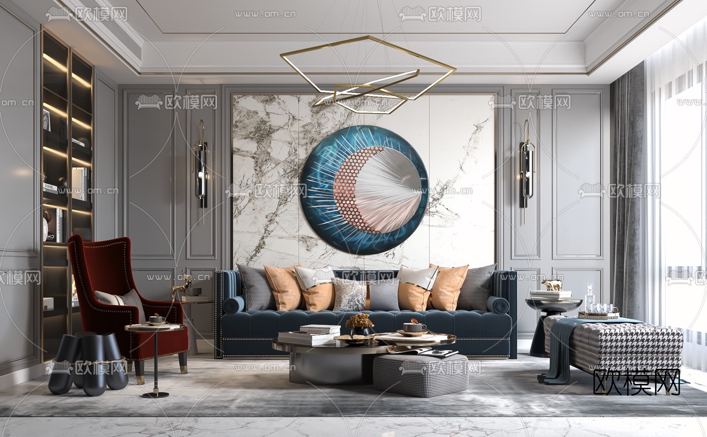 美式绒布沙发组合3d模型下载（渲染图1）