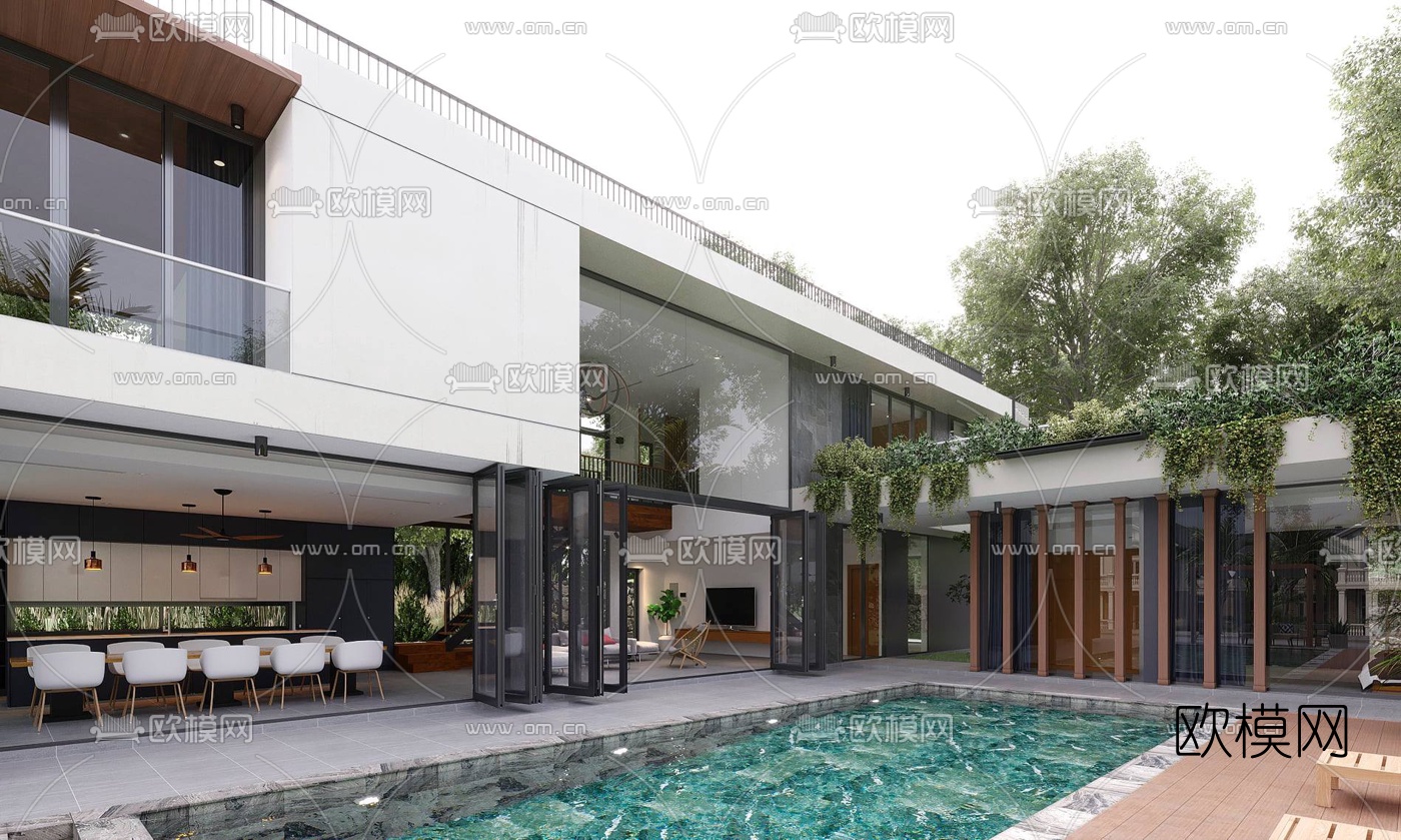 现代别墅花园露天泳池3d模型下载