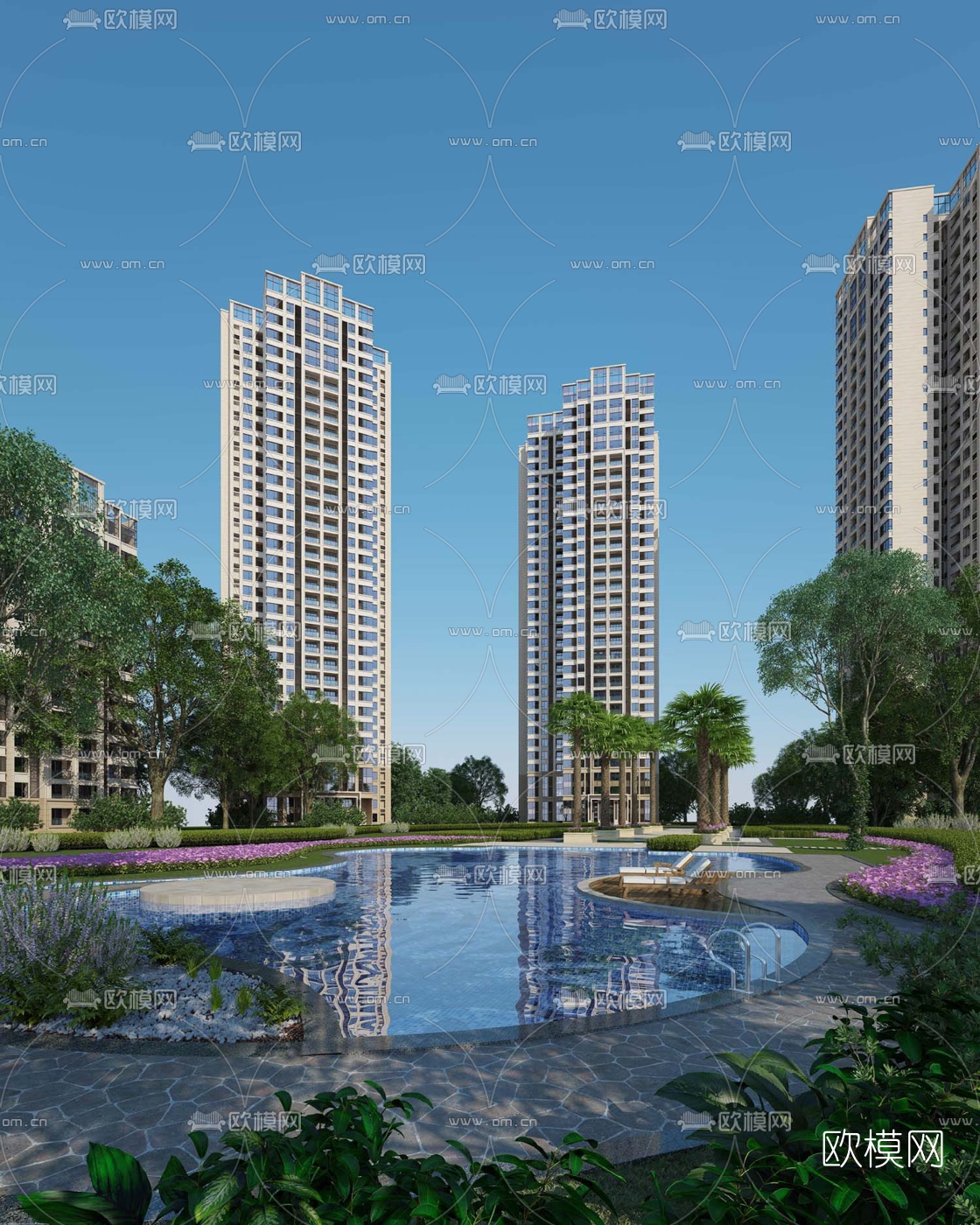 现代住宅小区露天泳池景观3d模型下载