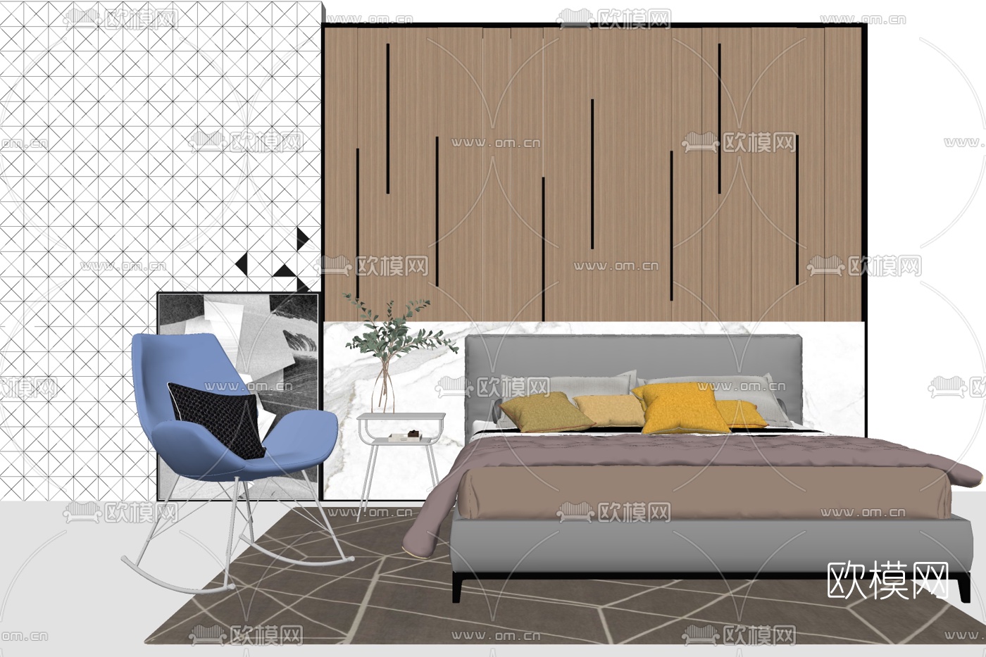 现代布艺双人床su模型下载