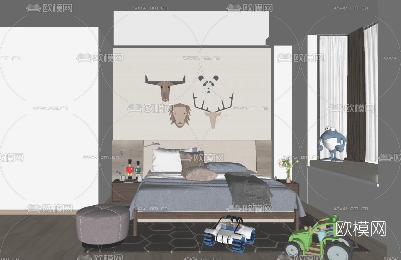 北欧原木儿童床su模型下载