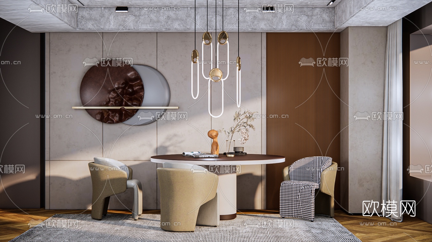 现代圆形餐桌椅 su模型下载（渲染图1）