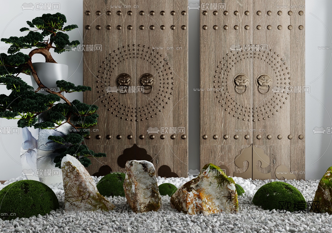 新中式石头松树大门小品3d模型下载