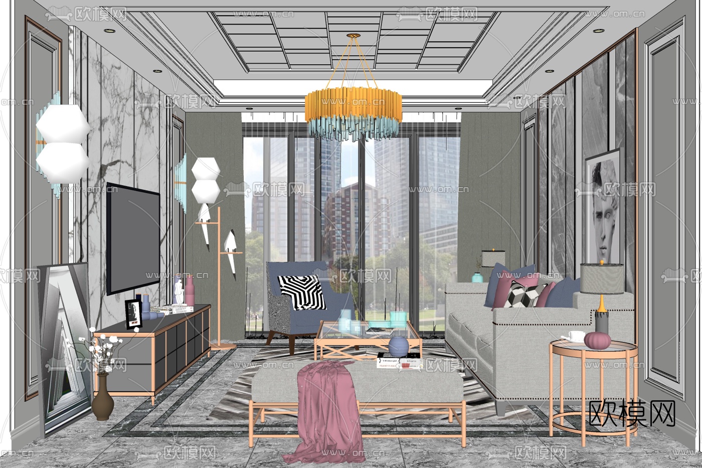 现代客厅免费su模型下载