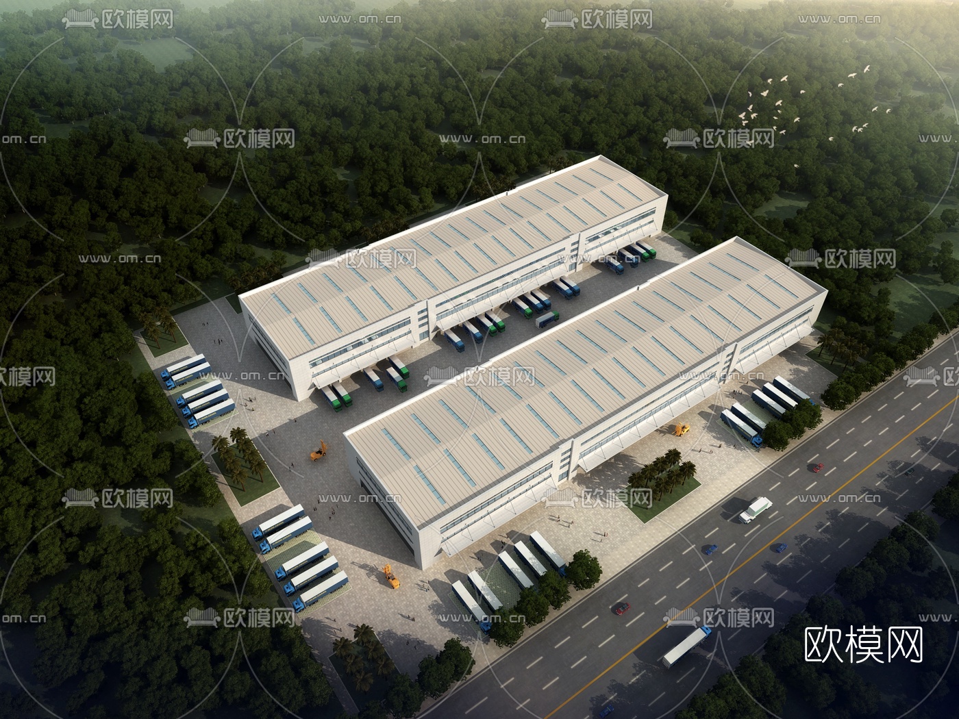 现代工厂厂房鸟瞰su模型下载（渲染图1）