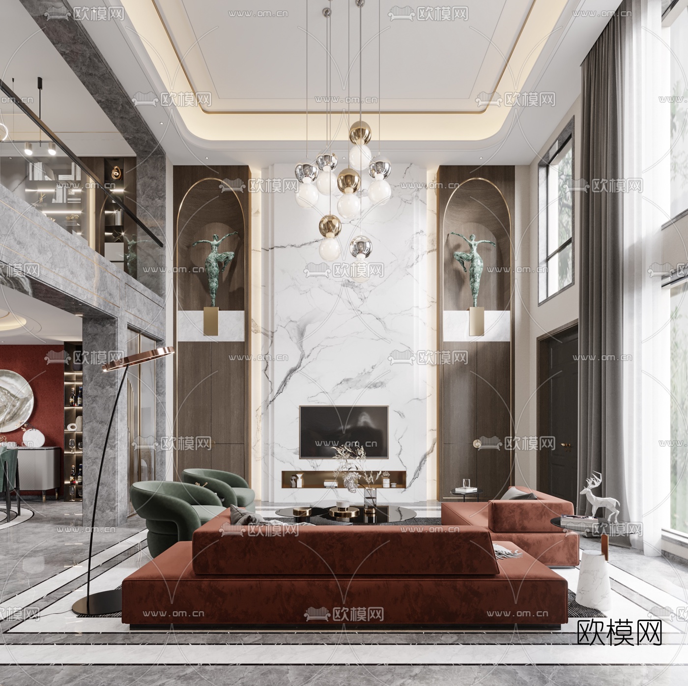 现代轻奢别墅客厅餐厅3d模型-免费3dmax模型库-欧模网