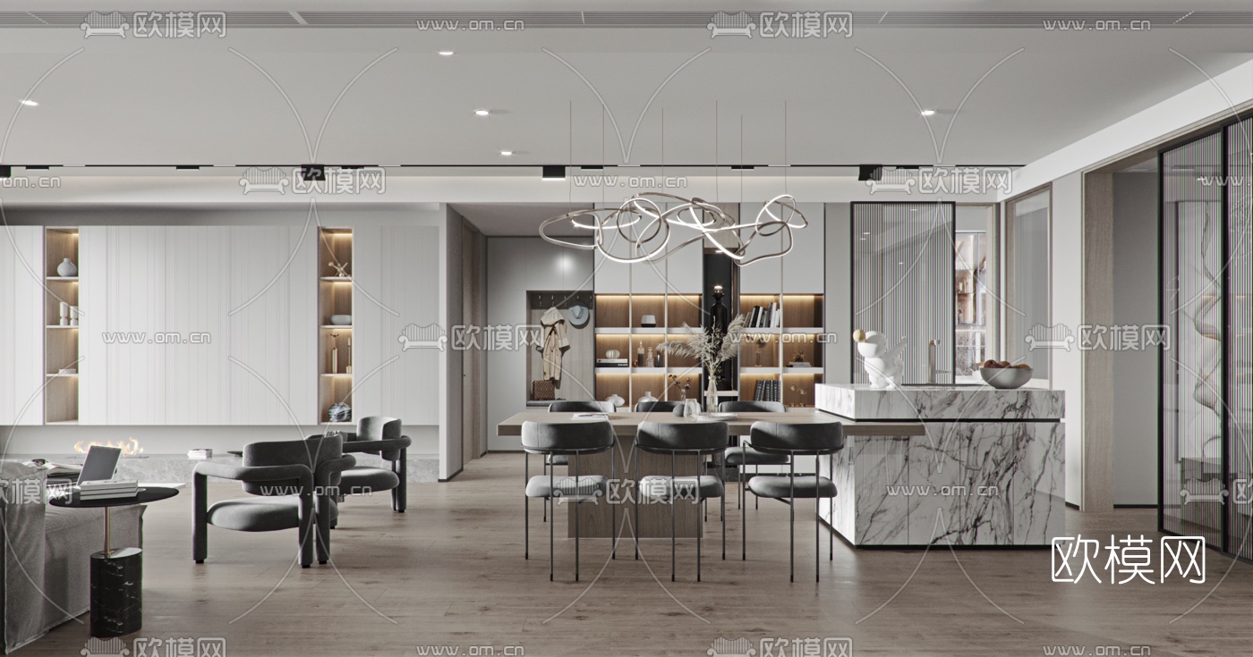 现代高级灰客厅餐厅3d模型