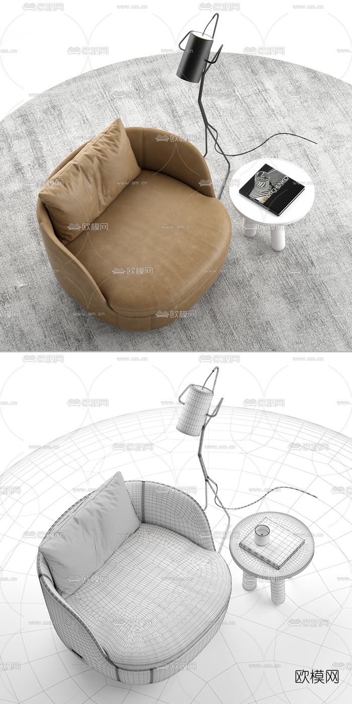 现代皮革单人沙发边几3d模型下载（渲染图2）