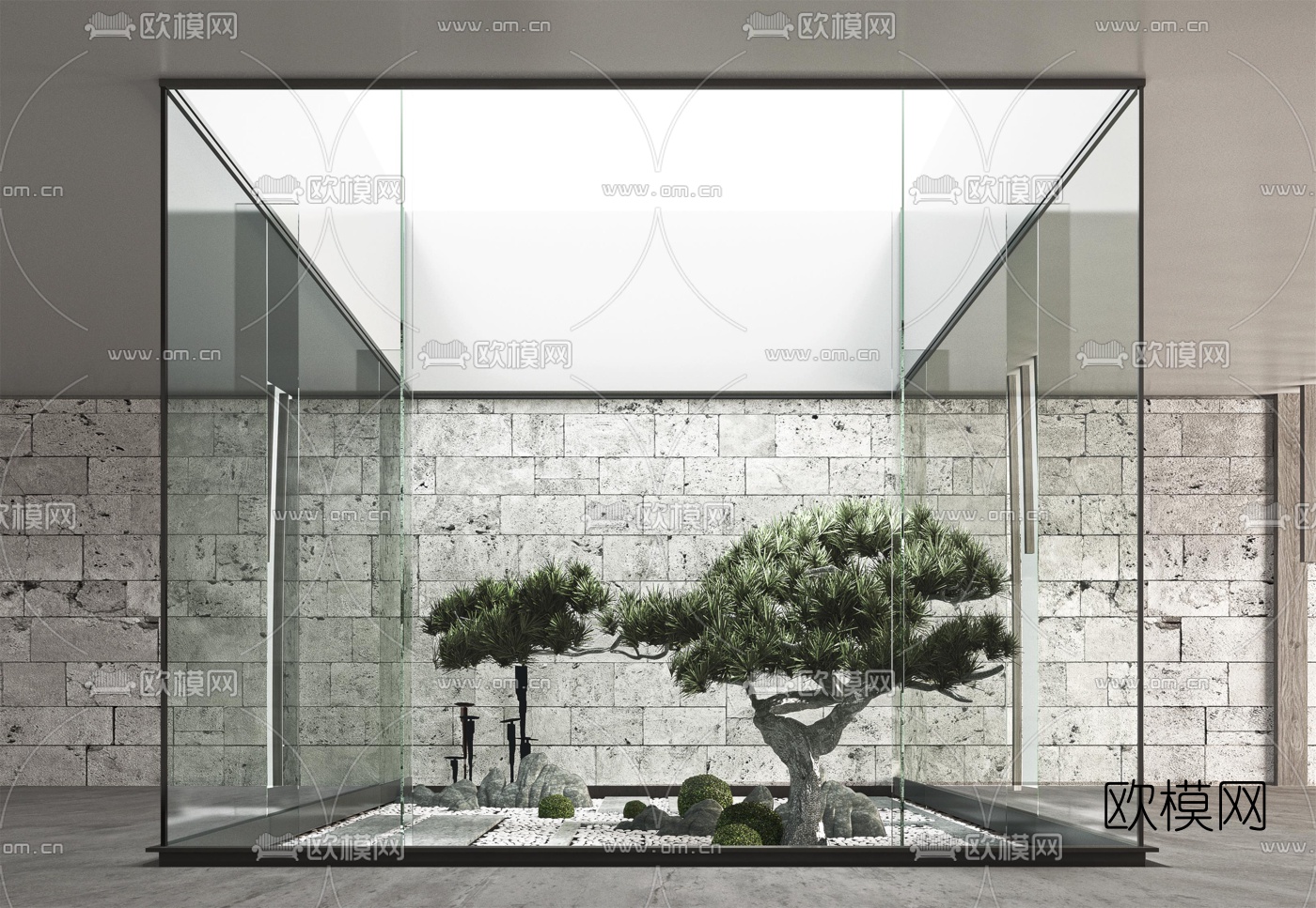 新中式松树枯山水小品3d模型下载（渲染图1）