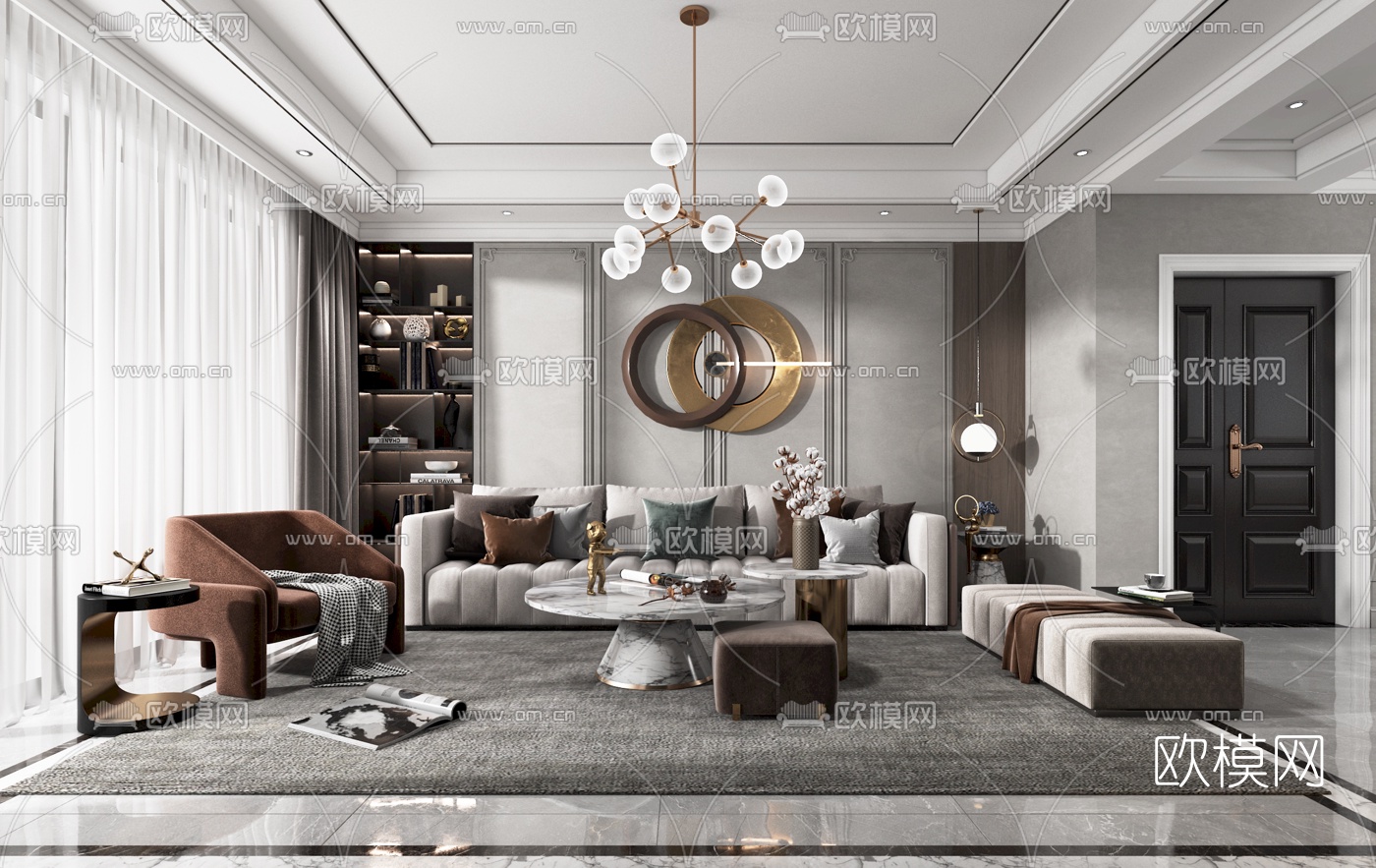 现代轻奢客厅餐厅3d模型下载（渲染图1）