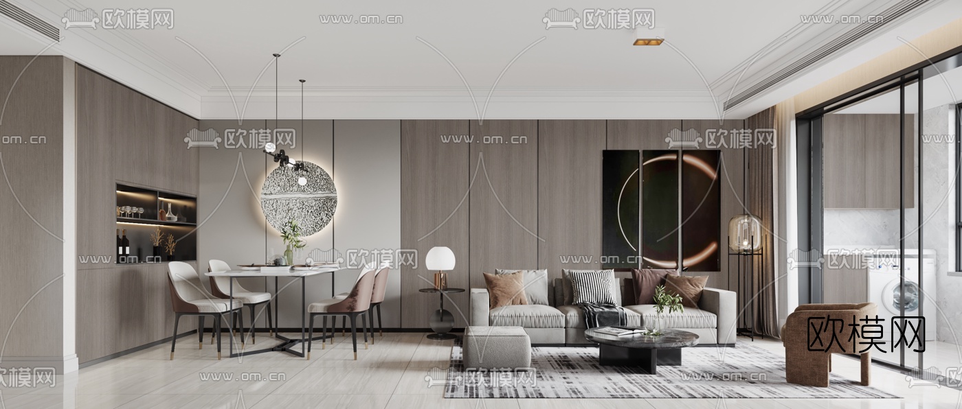 现代简约客厅餐厅3d模型下载（渲染图1）